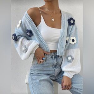 Floral Knit Cardigan Sweater - Light Blue and White